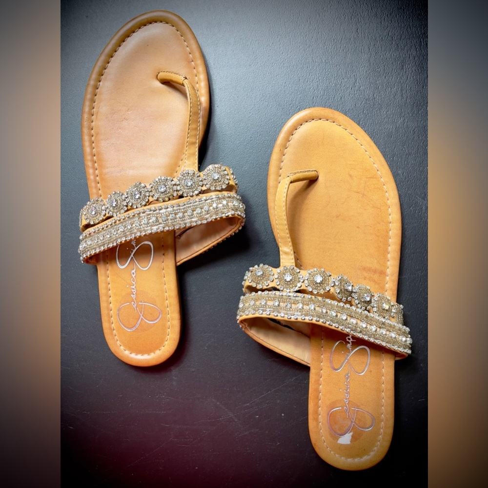 NWT - Jessica Simpson Tan Rhinestone Thong Style Slip On Sandals